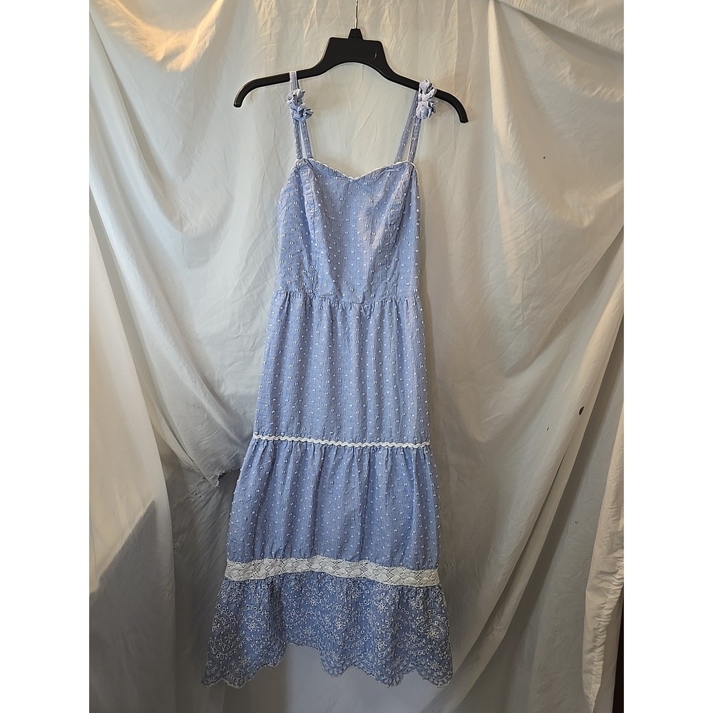 Shabby Chic Women's Maxi Dress Blue White Tiered‎ Eyelet Lace Cottagecore Sz 2